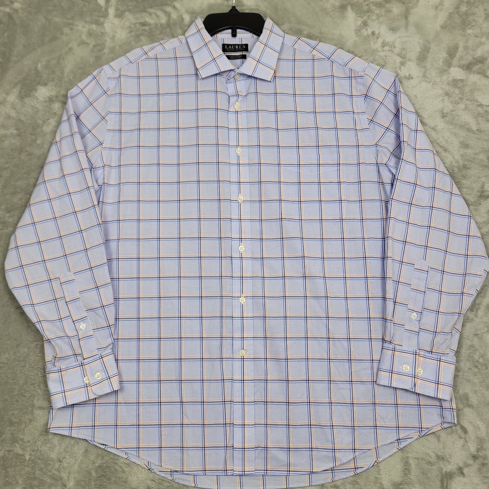 Lauren Ralph Lauren Men's 18 34/35 2XL Stretch Blue Orange Plaid Dress Shirt